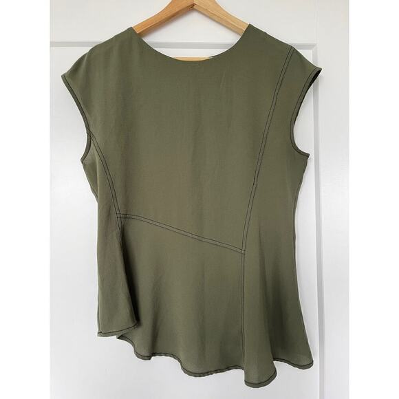 Worthington Seersucker Cap Sleeve Asymmetric Blouse Olive Green Women's Medium - Picture 2 of 6